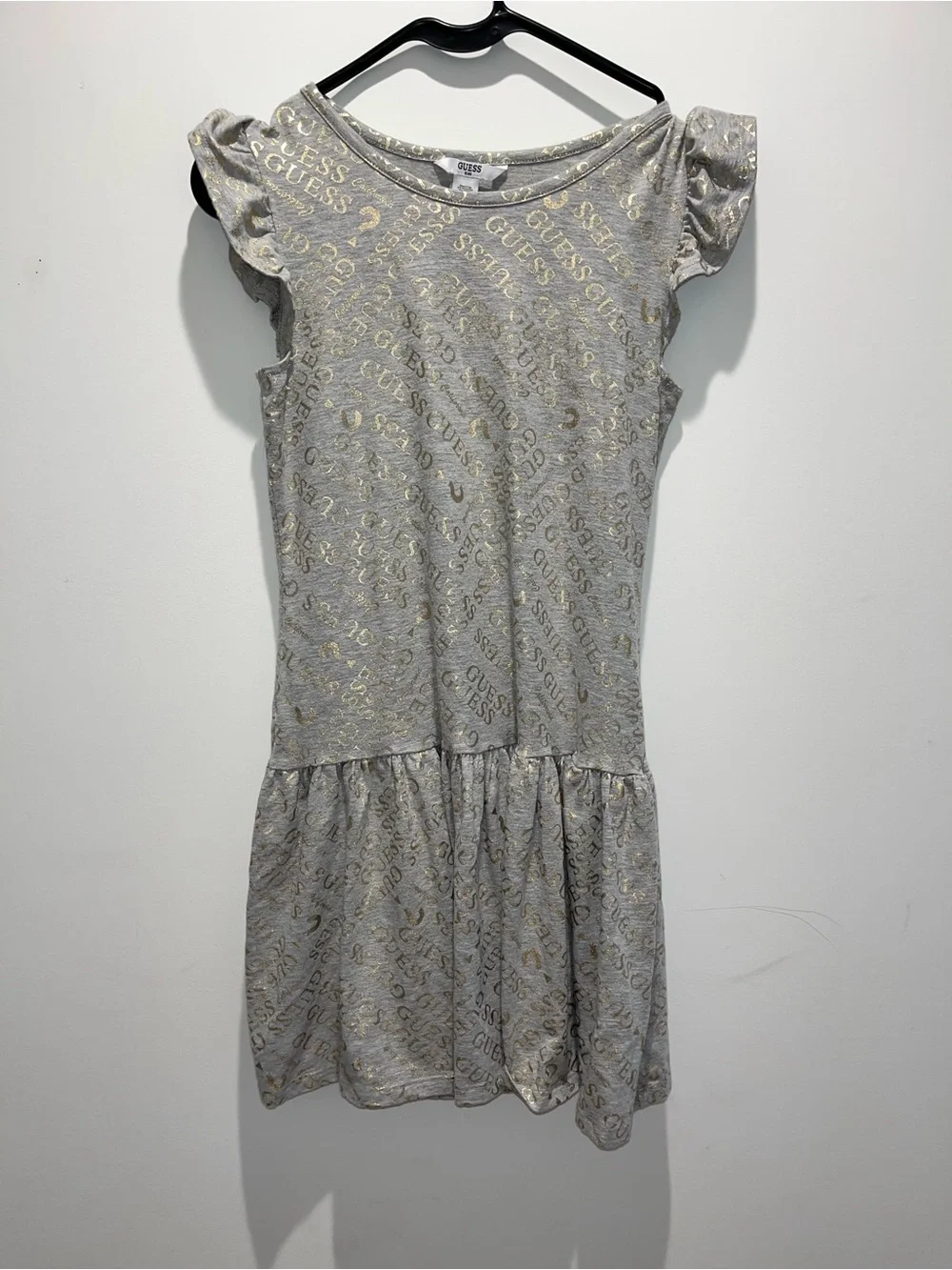 GUESS Gray Dress with Gold Logo Print and Flutter Sleeves